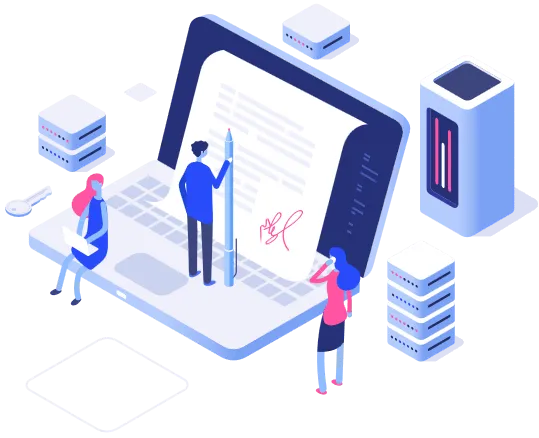 Team of professionals working diligently on a server, with a prominent laptop situated in the center.