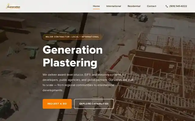 Homepage of generationplastering.com: aerial construction photo with bold headline and request-a-bid button