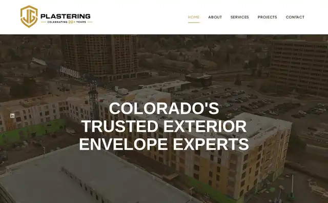 Homepage of jgpcolorado.com: geometric blue header with contact details and estimate call-to-action