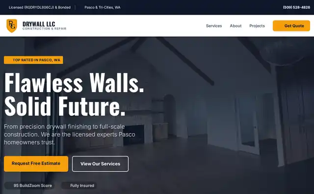 Homepage of rg-drywall.com: craftsman troweling a wall beside the RG Drywall headline